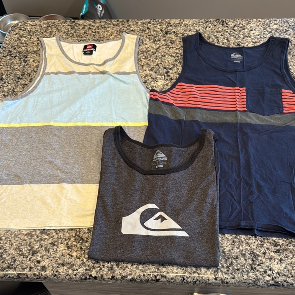 Vintage Quiksilver Men’s Tank Tops - Blue, Gray, Cream size medium